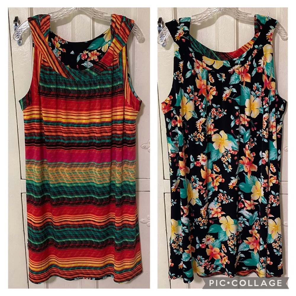 Rafaella Women's Reversible Red Green Yellow Stripe/ Black Floral Dress Size 2X